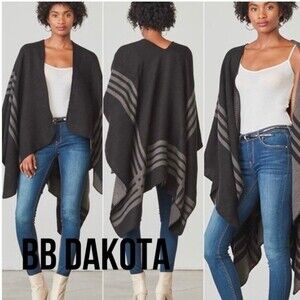 BB Dakota Black & Grey Reversible Striped Plaid Poncho Shawl Wrap